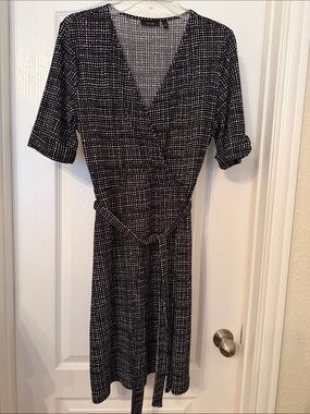 APT9 Black and White Dot Midi faux Wrap Dress